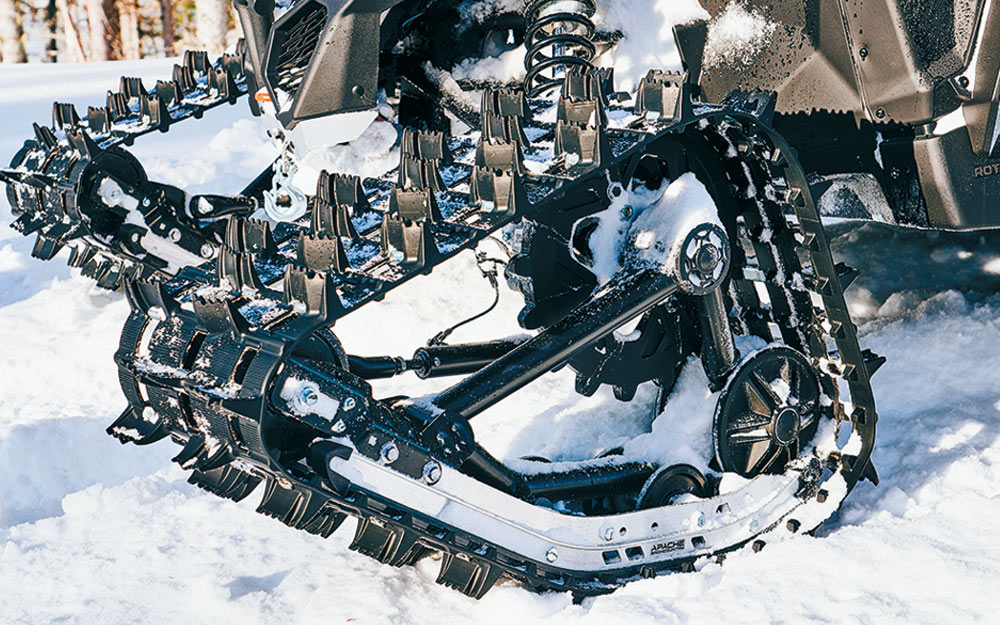 close view of ATV treads in upward positions