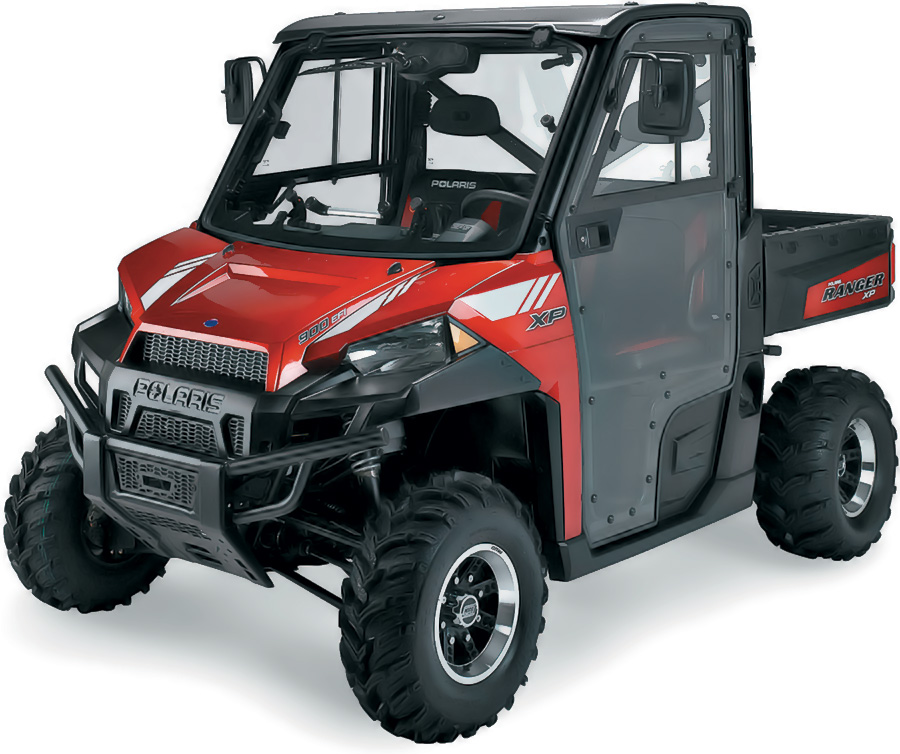 Product image of the Moose UTV Cab Enclosures installed on a red UTV