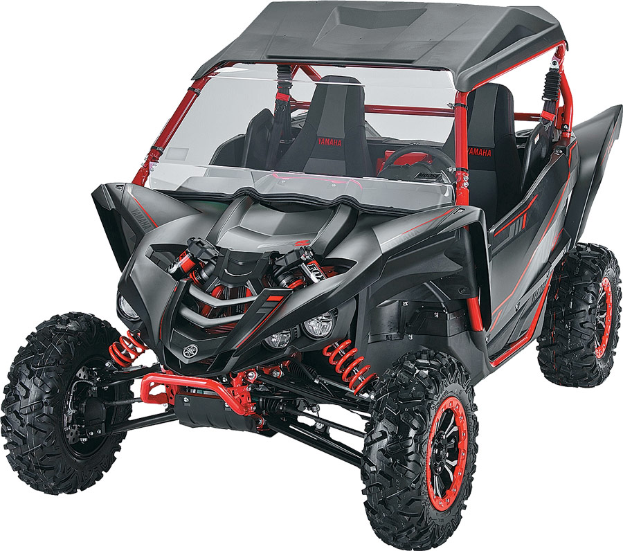 A Full Windshield installed onto a black and red UTV